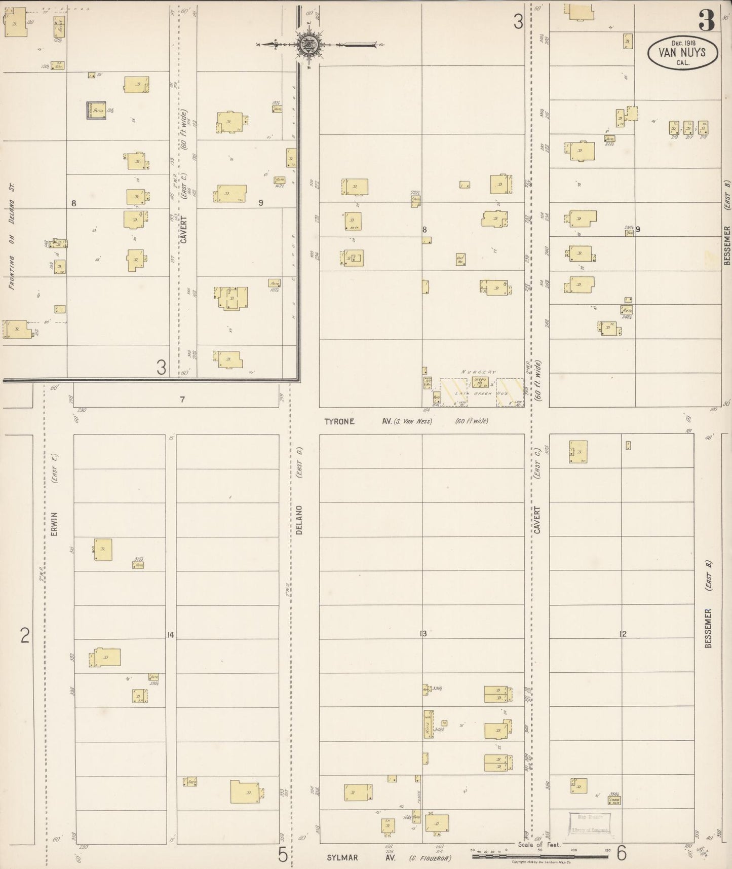 Sanborn Fire Insurance Map from Van Nuys, Los Angeles County, California (1918), Sheet #0003 - Complete Map Set gallery image, historic Sanborn map, vintage wall art, California California