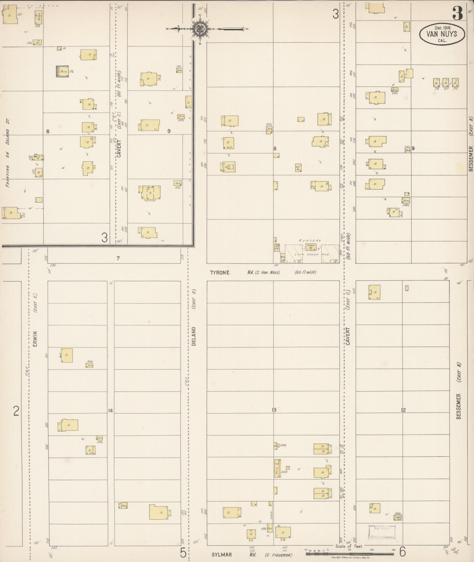 Sanborn Fire Insurance Map from Van Nuys, Los Angeles County, California (1918), Sheet #0003 - Complete Map Set gallery image, historic Sanborn map, vintage wall art, California California