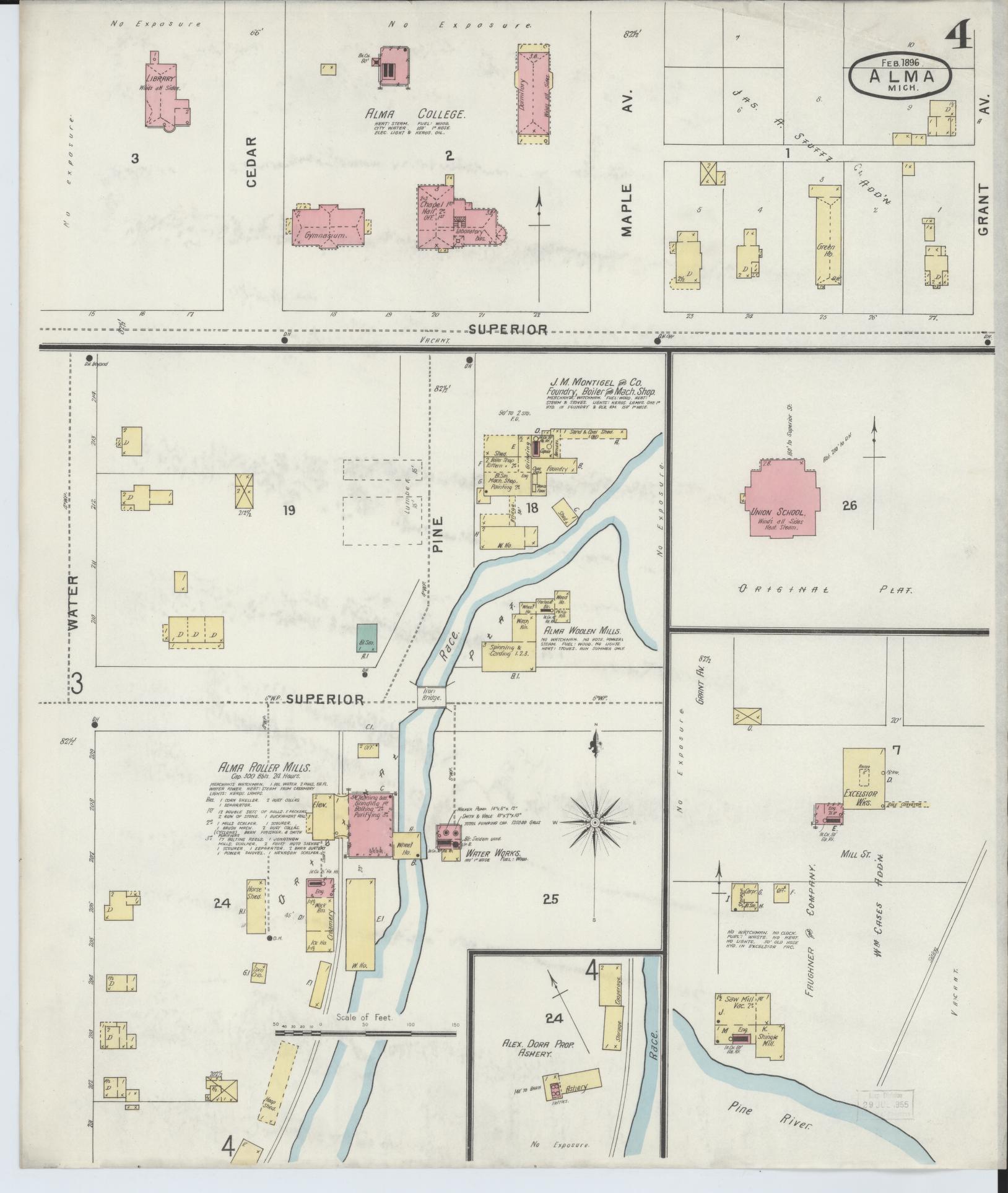 Sanborn Fire Insurance Map from Alma, Gratiot County, Michigan (1896), Sheet #0004 - Complete Map Set gallery image, historic Sanborn map, vintage wall art, Michigan Michigan