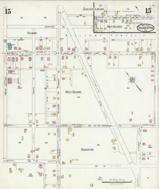 Sanborn Fire Insurance Map from Souderton, Montgomery County, Pennsylvania (1924), Sheet #0015 - Historic Sanborn Fire Insurance Map Print, vintage old map wall art, antique decor, genealogy gift, Pennsylvania Pennsylvania map