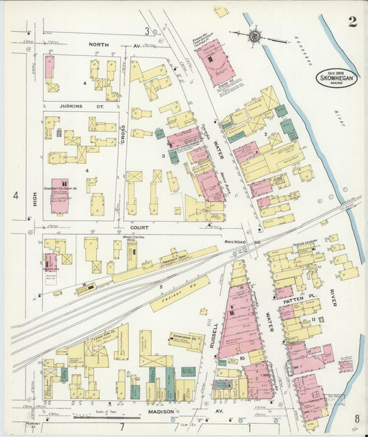 Sanborn Fire Insurance Map from Skowhegan, Somerset County, Maine (1909), Sheet #0002 - Historic Sanborn Fire Insurance Map Print, vintage old map wall art, antique decor, genealogy gift, Maine Maine map