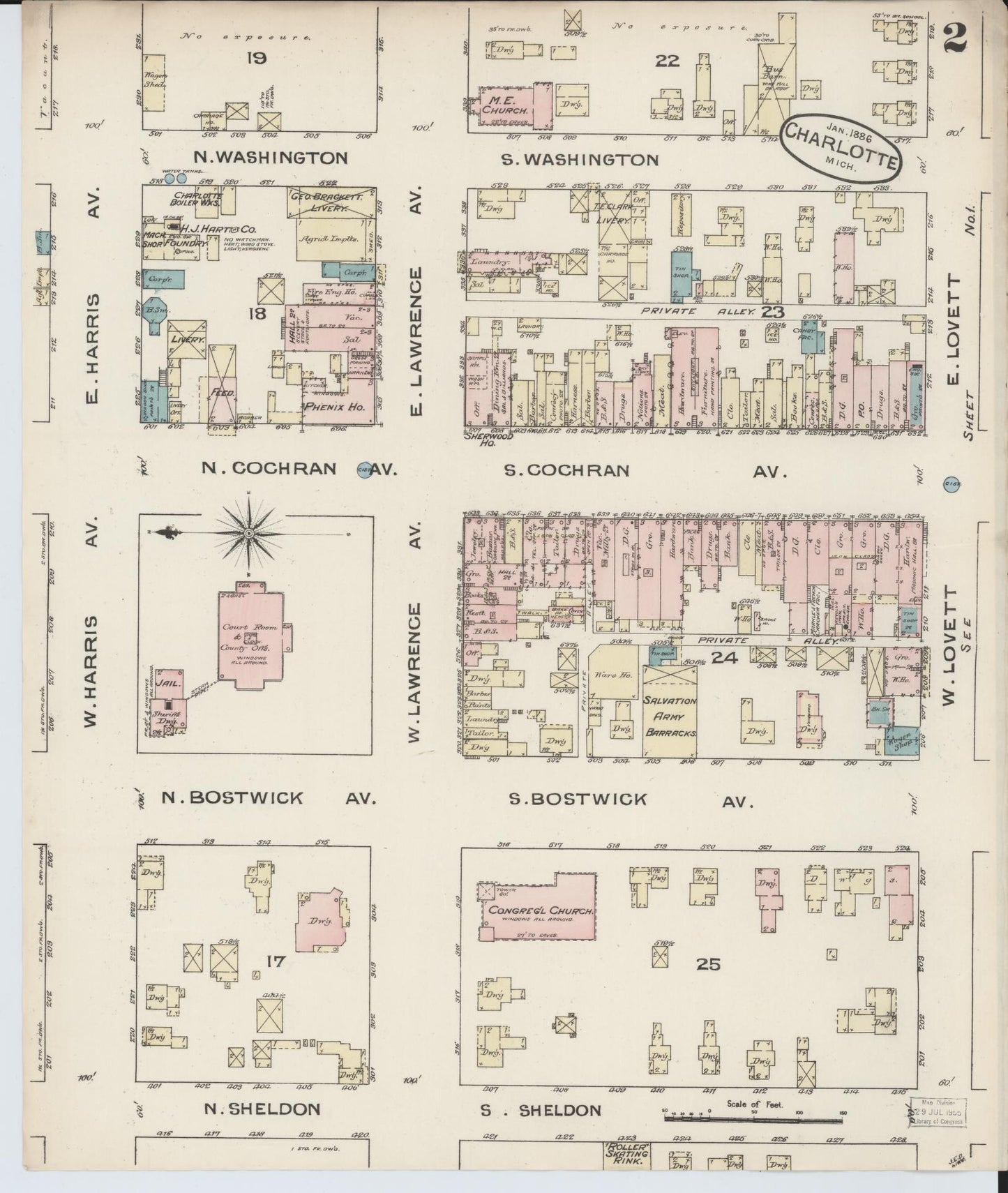 Sanborn Fire Insurance Map from Charlotte, Eaton County, Michigan (1886), Sheet #0002 - Complete Map Set gallery image, historic Sanborn map, vintage wall art, Michigan Michigan