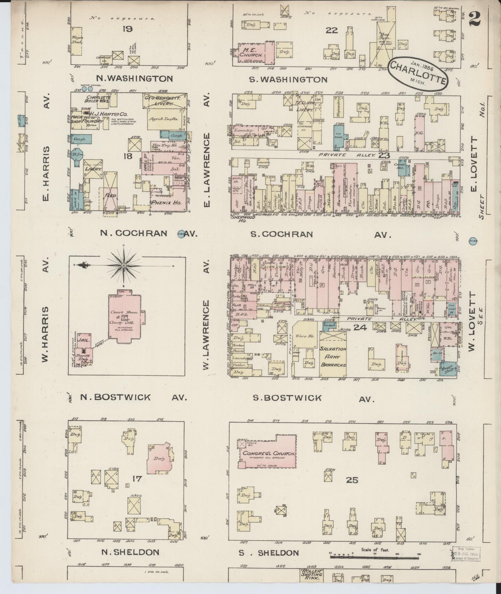 Sanborn Fire Insurance Map from Charlotte, Eaton County, Michigan (1886), Sheet #0002 - Complete Map Set gallery image, historic Sanborn map, vintage wall art, Michigan Michigan