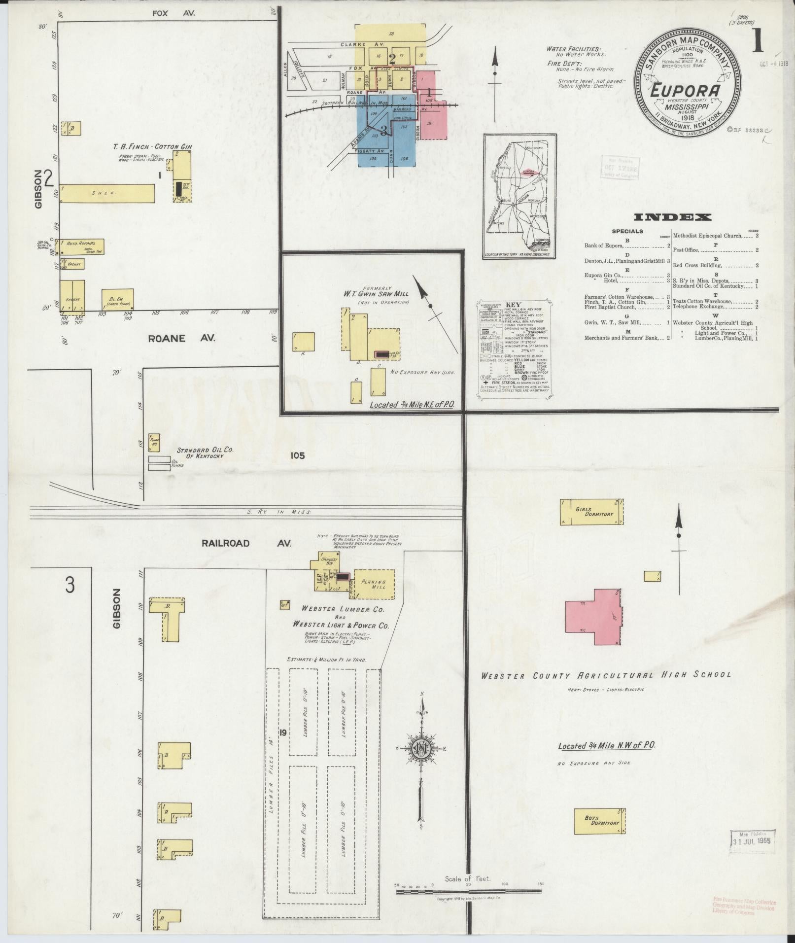 Sanborn Fire Insurance Map from Eupora, Webster County, Mississippi (1918), Sheet #0001 - Complete Map Set gallery image, historic Sanborn map, vintage wall art, Mississippi Mississippi