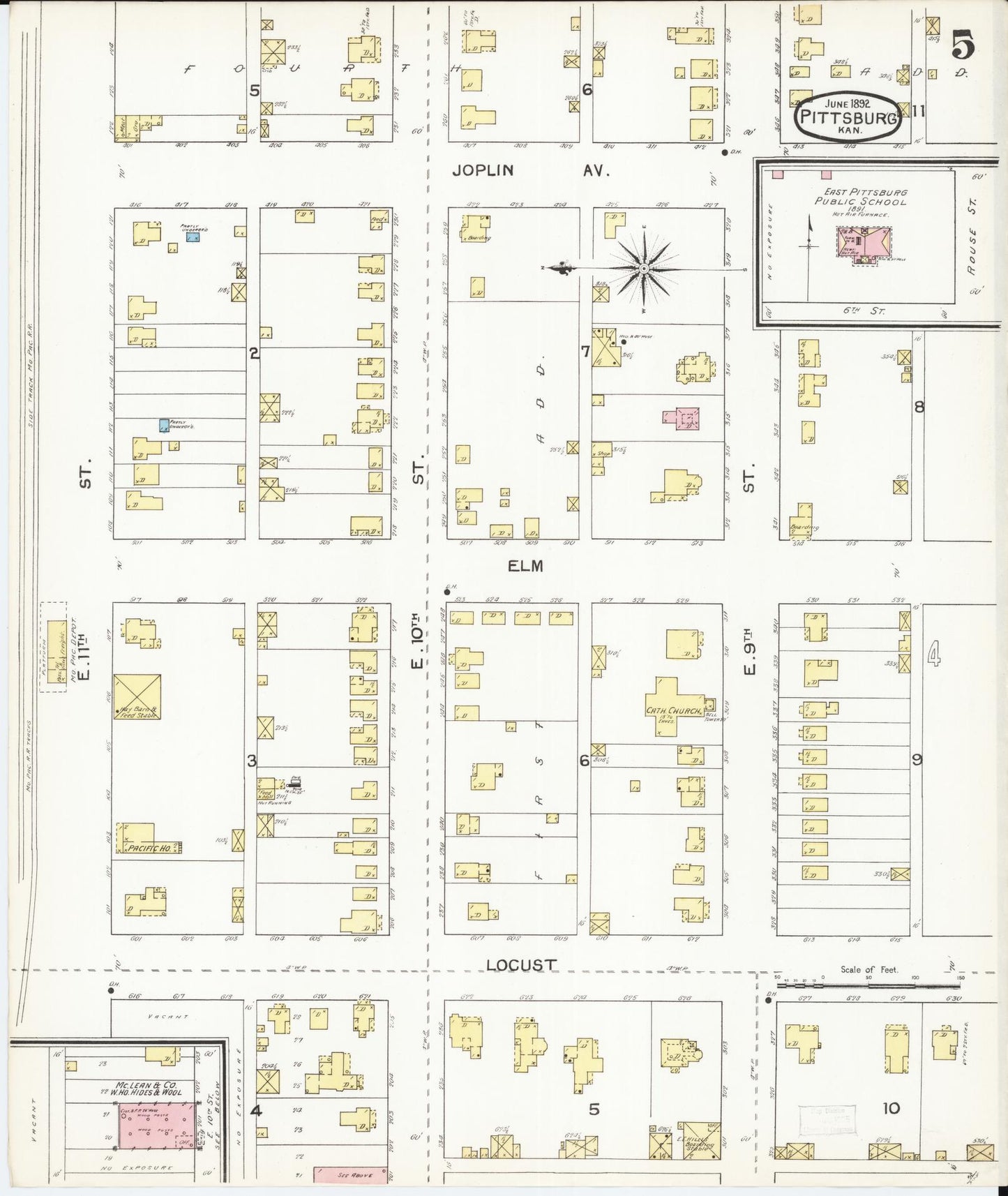 Sanborn Fire Insurance Map from Pittsburg, Crawford County, Kansas (1892), Sheet #0005 - Historic Sanborn Fire Insurance Map Print, vintage old map wall art, antique decor, genealogy gift, Kansas Kansas map