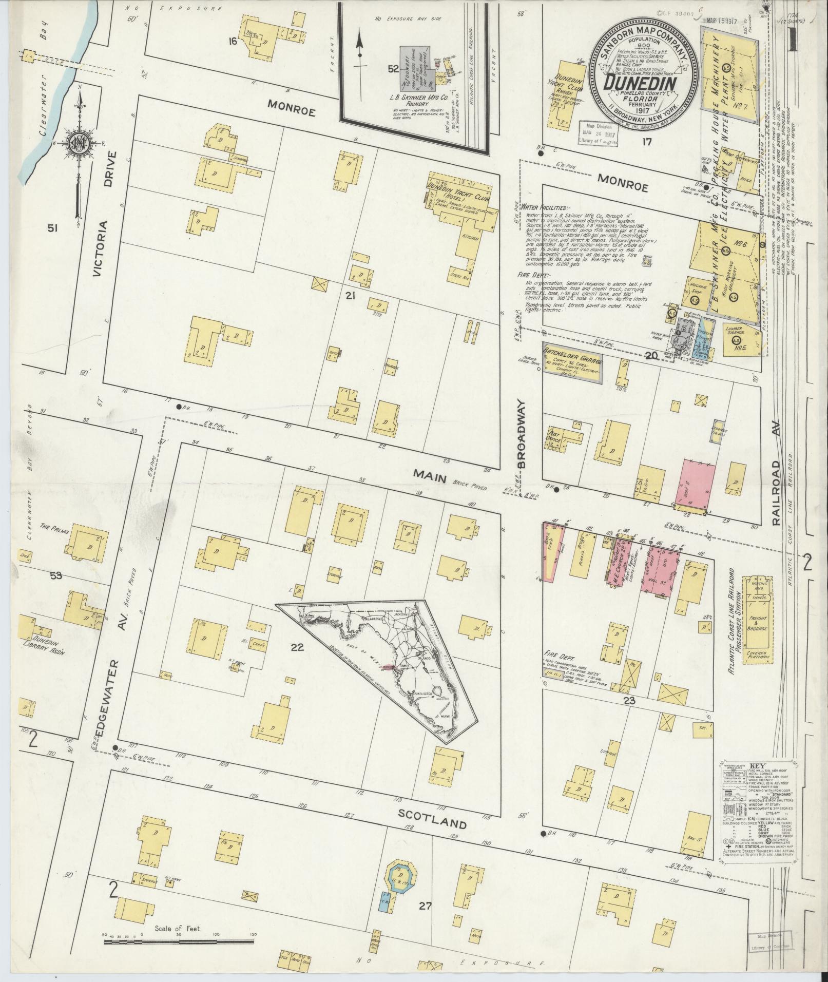 Sanborn Fire Insurance Map from Dunedin, Pinellas County, Florida (1917), Sheet #0001 - Historic Sanborn Fire Insurance Map Print, vintage old map wall art, antique decor, genealogy gift, Florida Florida map