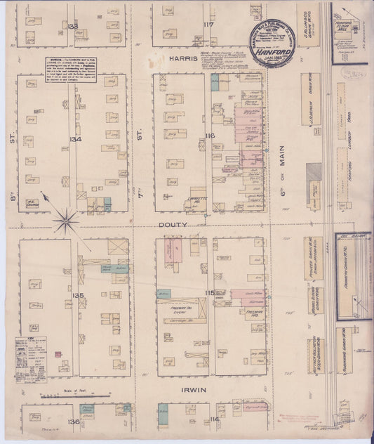 Sanborn Fire Insurance Map from Hanford, Kings County, California (1885), Sheet #0001 - Historic Sanborn Fire Insurance Map Print, vintage old map wall art, antique decor, genealogy gift, California California map