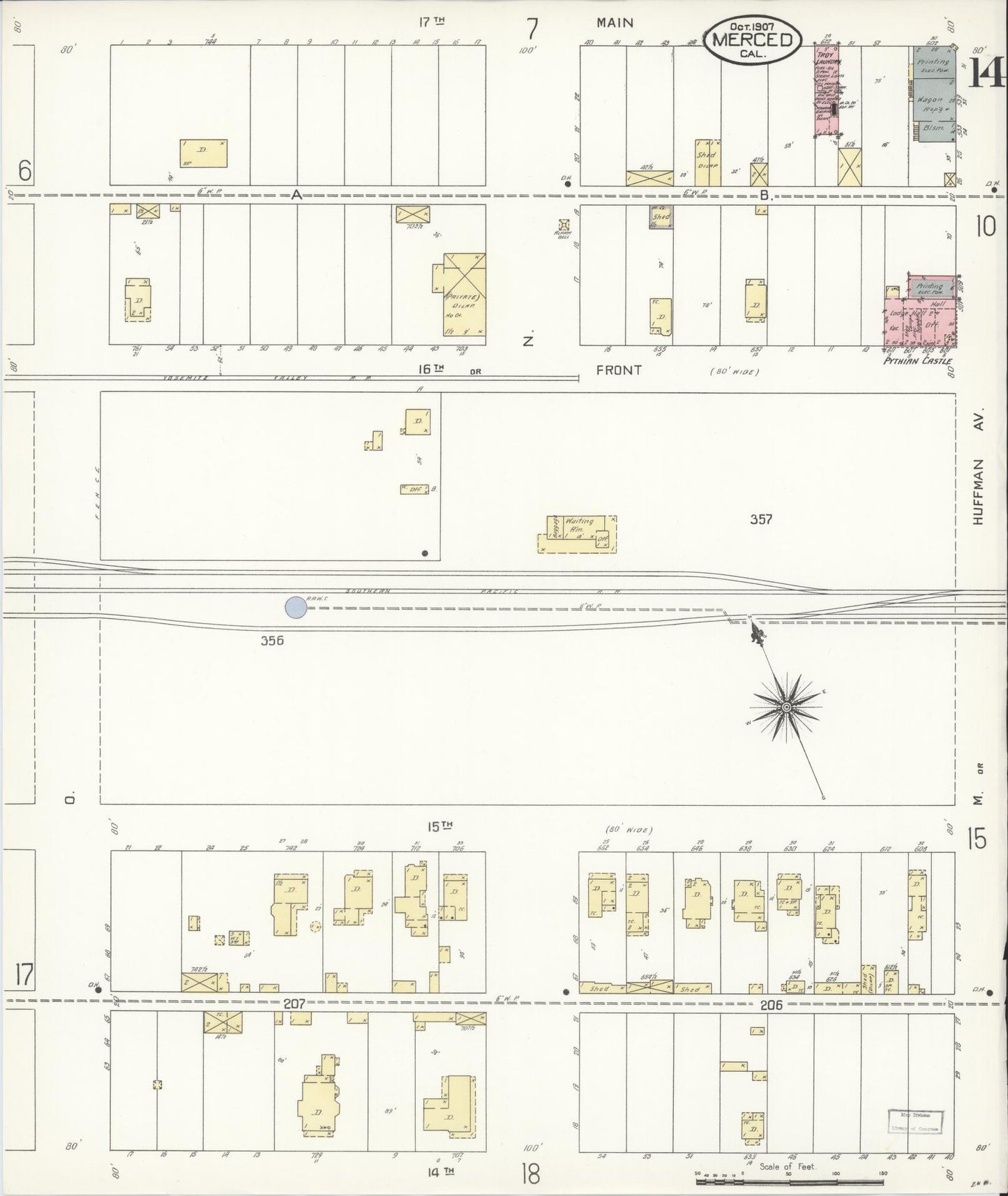 Sanborn Fire Insurance Map from Merced, Merced County, California (1907), Sheet #0014 - Complete Map Set gallery image, historic Sanborn map, vintage wall art, California California