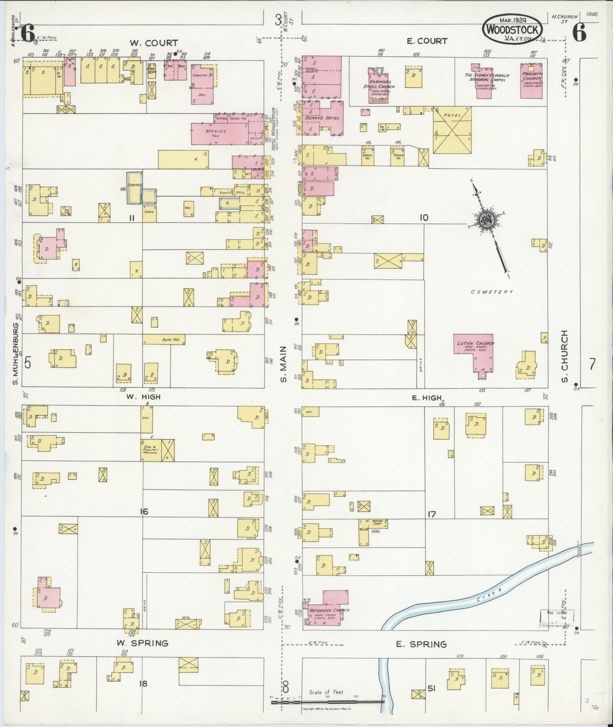 Sanborn Fire Insurance Map from Woodstock, Shenandoah County, Virginia (1924), Sheet #0006 - Historic Sanborn Fire Insurance Map Print, vintage old map wall art, antique decor, genealogy gift, Virginia Virginia map