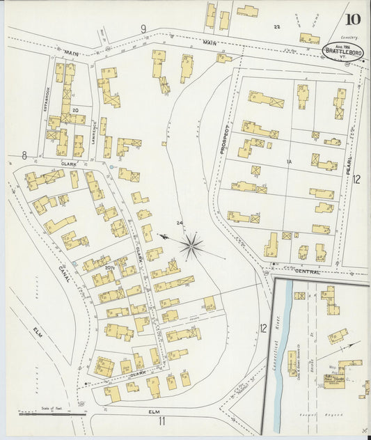 Sanborn Fire Insurance Map from Brattleboro, Windham County, Vermont (1906), Sheet #0010 - Historic Sanborn Fire Insurance Map Print, vintage old map wall art, antique decor, genealogy gift, Vermont Vermont map