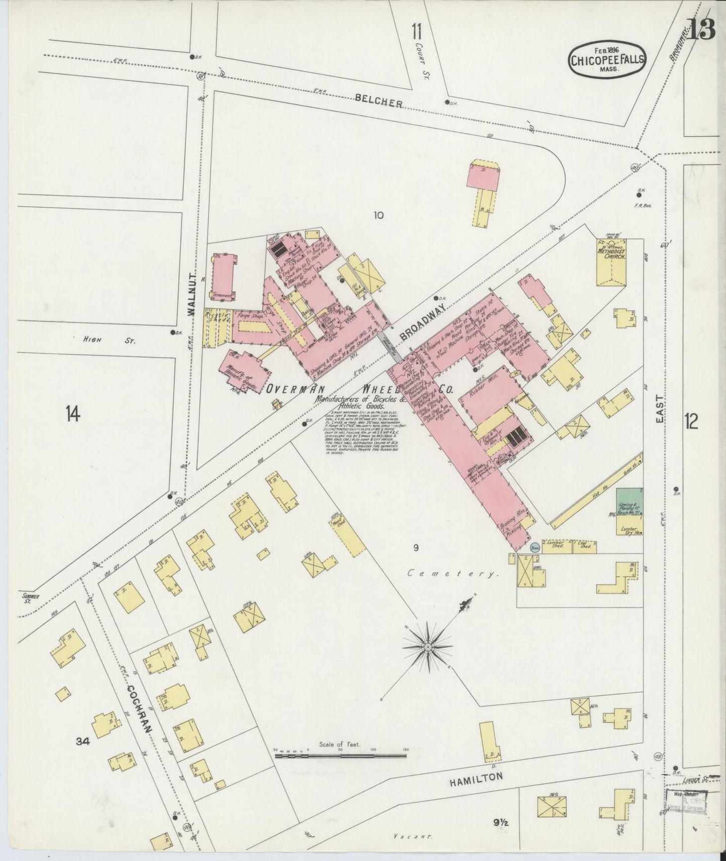 Sanborn Fire Insurance Map from Chicopee, Hampden County, Massachusetts (1896), Sheet #0013 - Historic Sanborn Fire Insurance Map Print, vintage old map wall art, antique decor, genealogy gift, Massachusetts Massachusetts map
