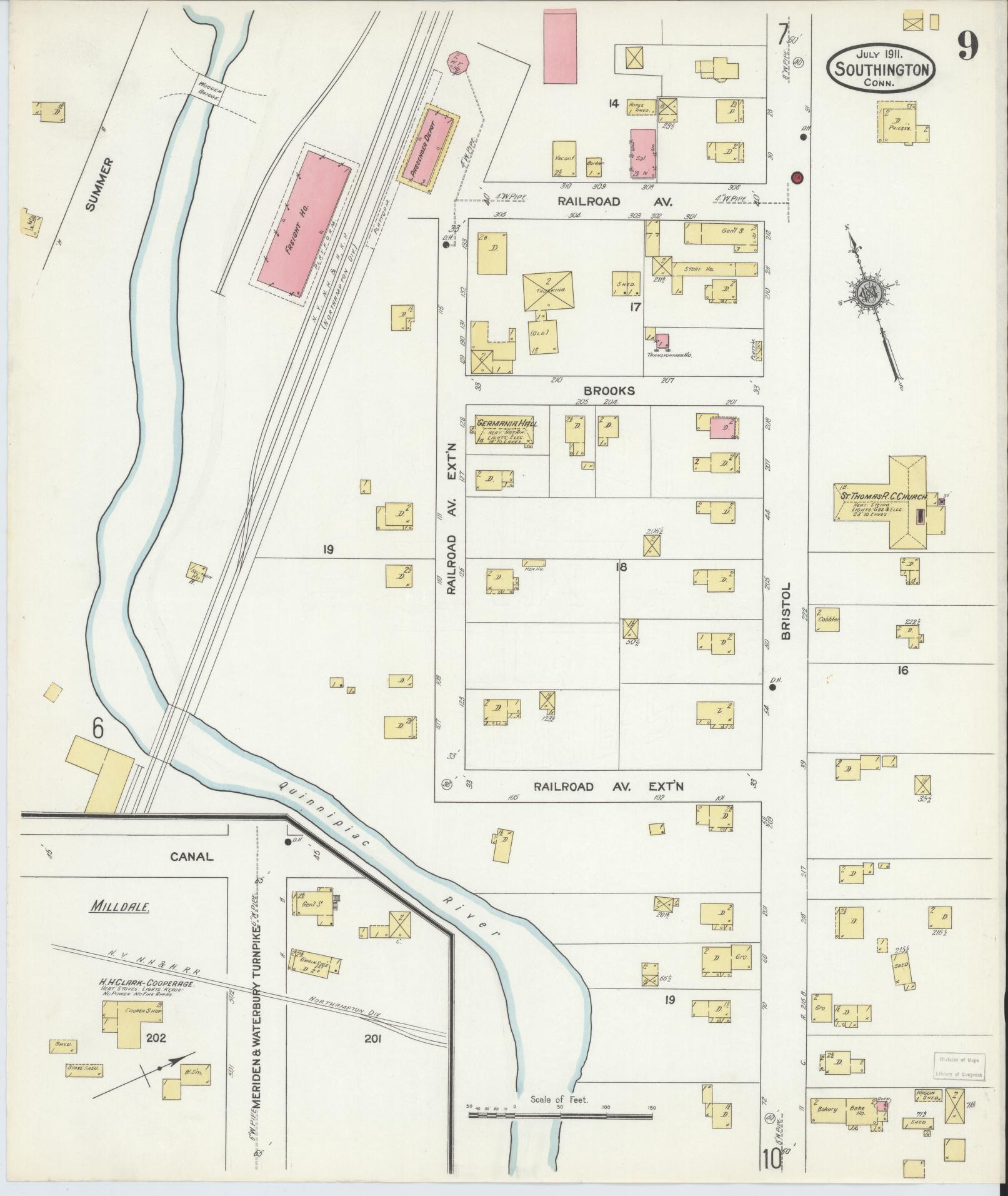 Sanborn Fire Insurance Map from Southington, Hartford County, Connecticut (1911), Sheet #0009 - Complete Map Set gallery image, historic Sanborn map, vintage wall art, Connecticut Connecticut