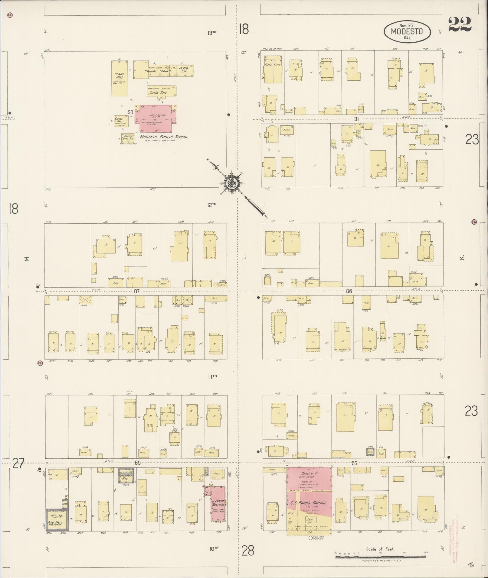 Sanborn Fire Insurance Map from Modesto, Stanislaus County, California (1919), Sheet #0022 - Historic Sanborn Fire Insurance Map Print, vintage old map wall art, antique decor, genealogy gift, California California map