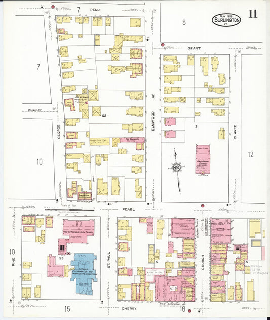 Sanborn Fire Insurance Map from Burlington, Chittenden County, Vermont (1919), Sheet #0011 - Historic Sanborn Fire Insurance Map Print, vintage old map wall art, antique decor, genealogy gift, Vermont Vermont map