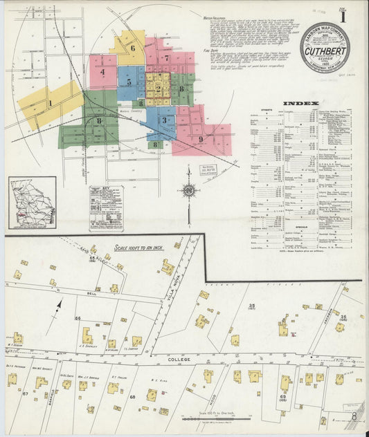 Sanborn Fire Insurance Map from Cuthbert, Randolph County, Georgia (1920), Sheet #0001 - Historic Sanborn Fire Insurance Map Print, vintage old map wall art, antique decor, genealogy gift, Georgia Georgia map