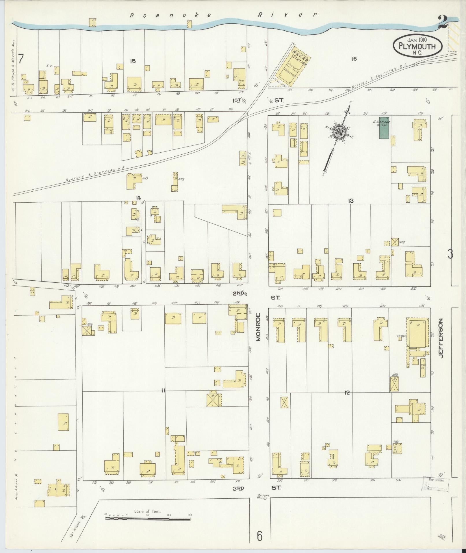 Sanborn Fire Insurance Map from Plymouth, Washington County, North Carolina (1910), Sheet #0002 - Complete Map Set gallery image, historic Sanborn map, vintage wall art, North Carolina North Carolina