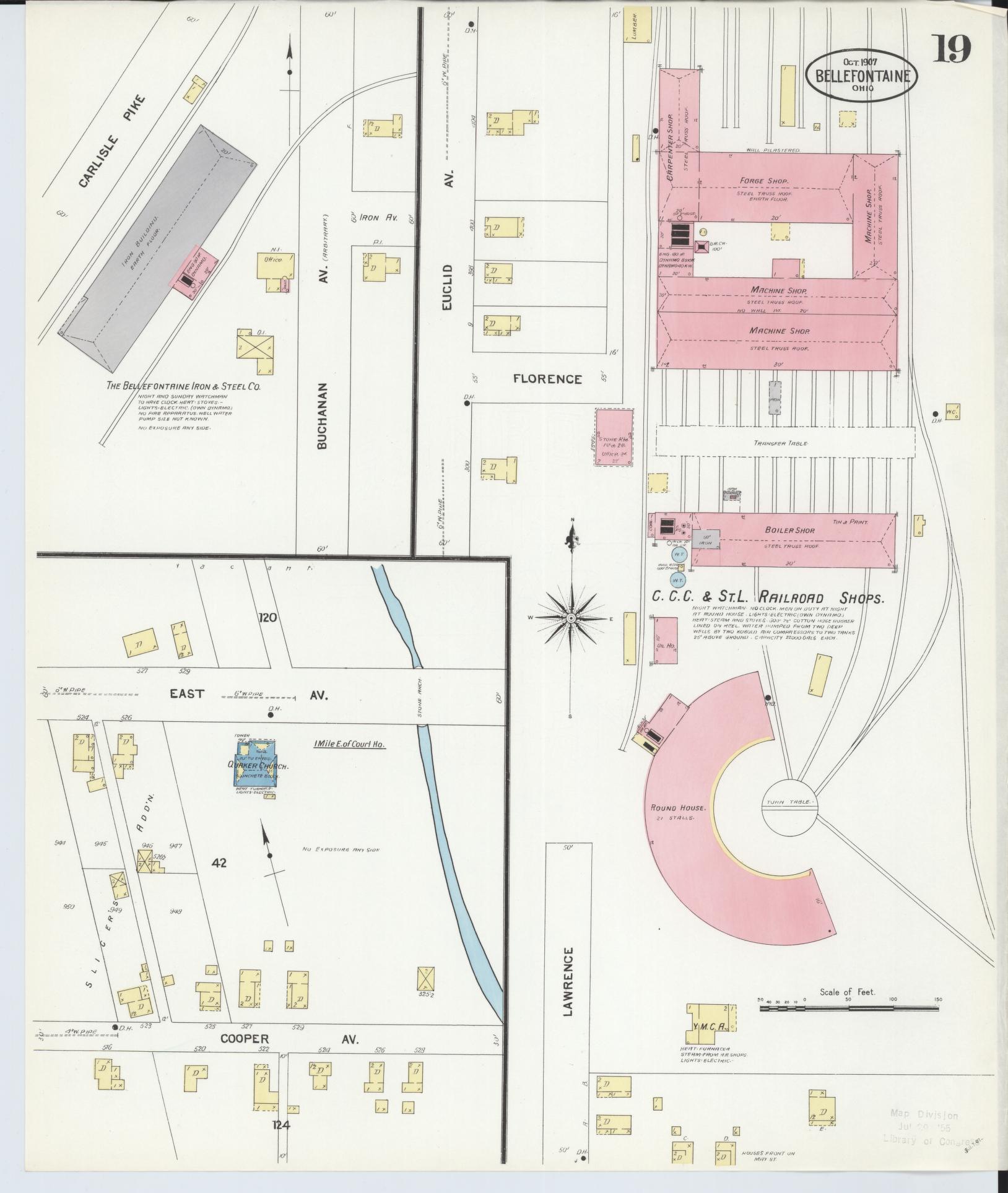 Sanborn Fire Insurance Map from Bellefontaine, Logan County, Ohio (1907), Sheet #0019 - Historic Sanborn Fire Insurance Map Print, vintage old map wall art, antique decor, genealogy gift, Ohio Ohio map
