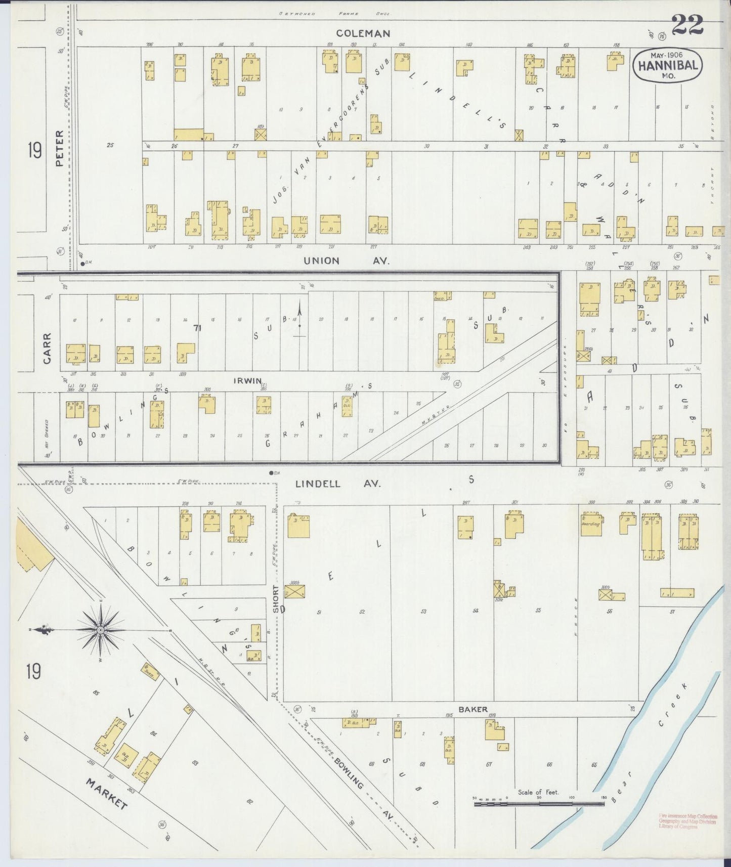 Sanborn Fire Insurance Map from Hannibal, Marion County, Missouri (1906), Sheet #0022 - Complete Map Set gallery image, historic Sanborn map, vintage wall art, Missouri Missouri