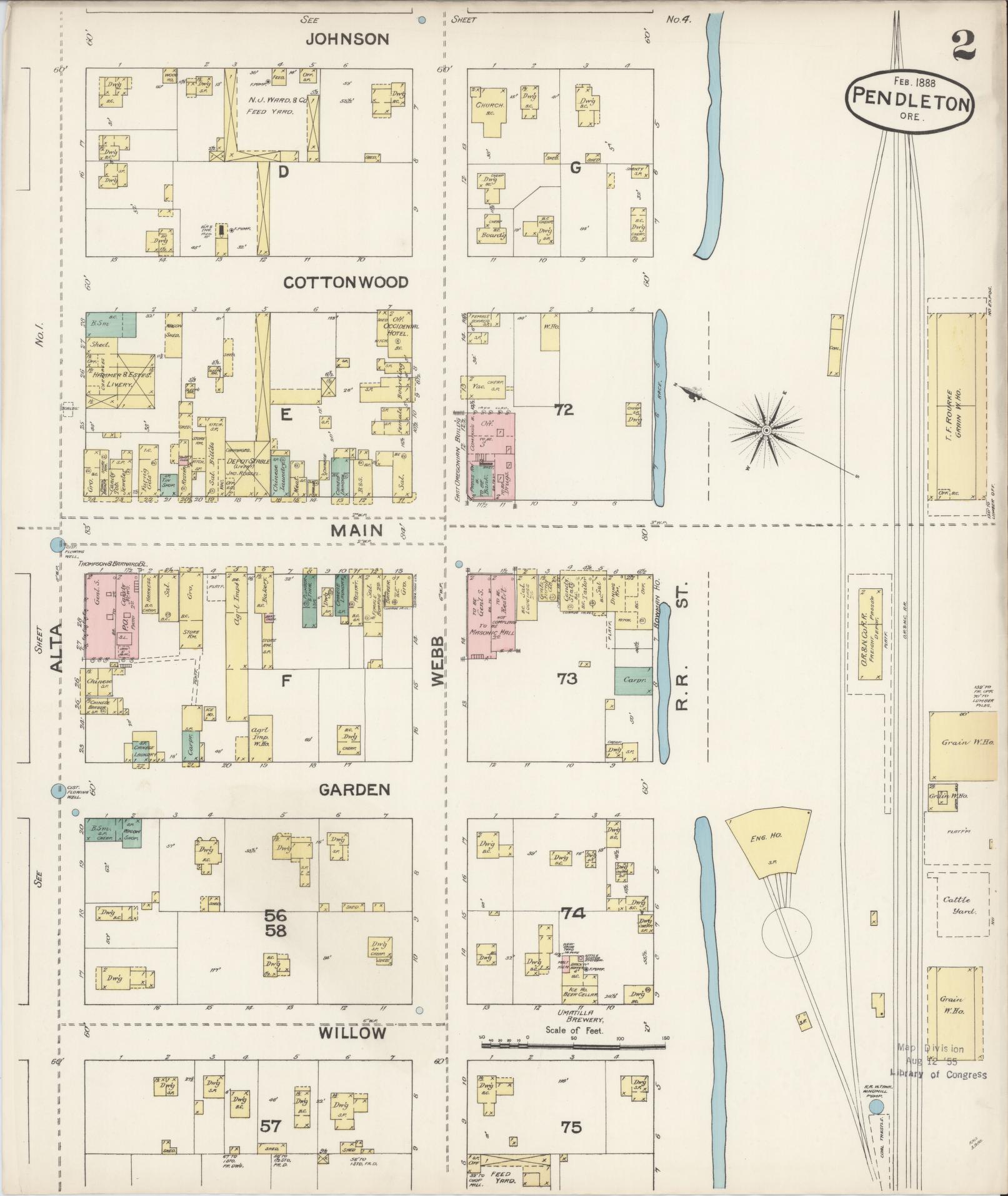 Sanborn Fire Insurance Map from Pendleton, Umatilla County, Oregon (1888), Sheet #0002 - Historic Sanborn Fire Insurance Map Print, vintage old map wall art, antique decor, genealogy gift, Oregon Oregon map