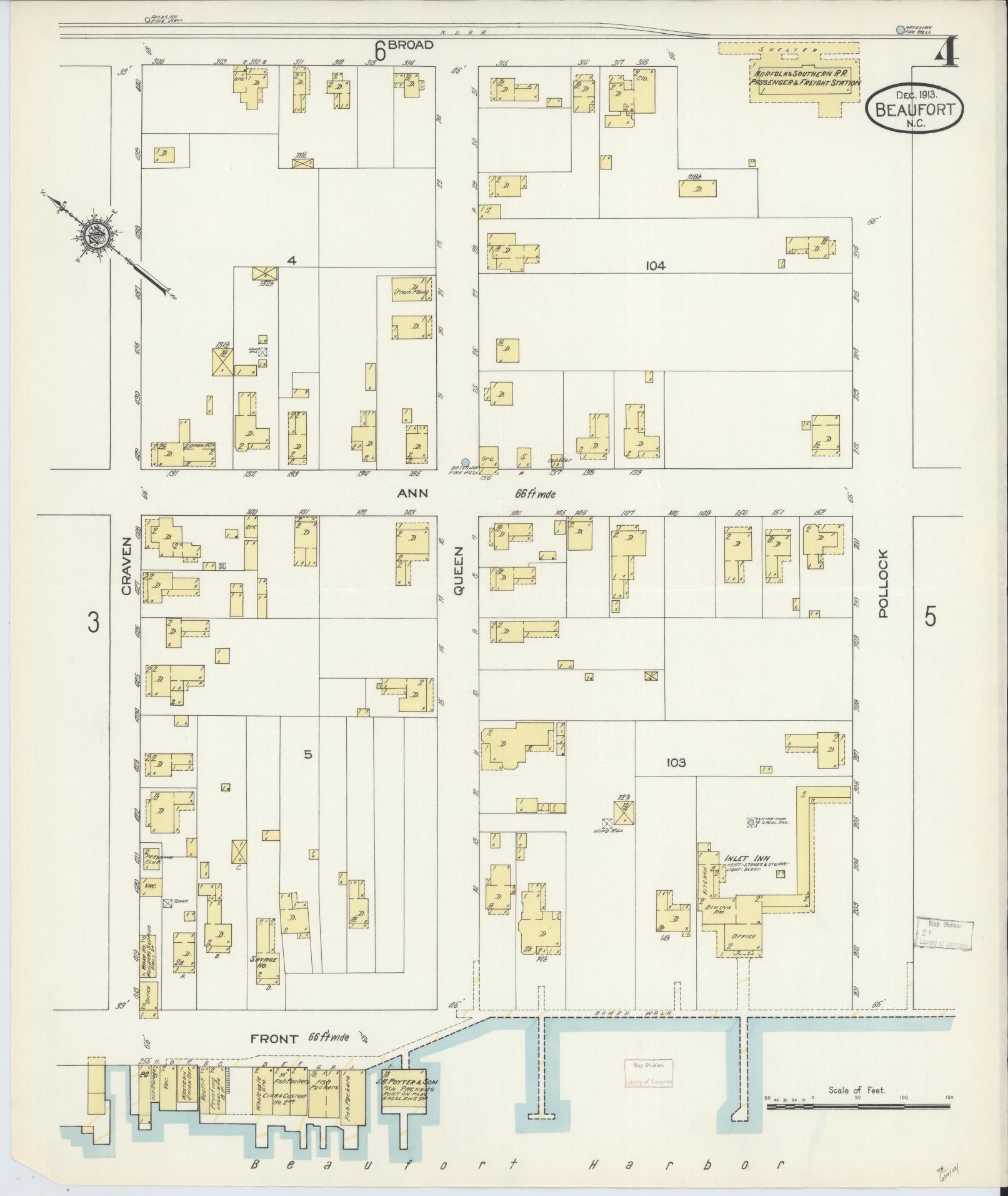 Sanborn Fire Insurance Map from Beaufort, Carteret County, North Carolina (1913), Sheet #0004 - Historic Sanborn Fire Insurance Map Print, vintage old map wall art, antique decor, genealogy gift, North Carolina North Carolina map