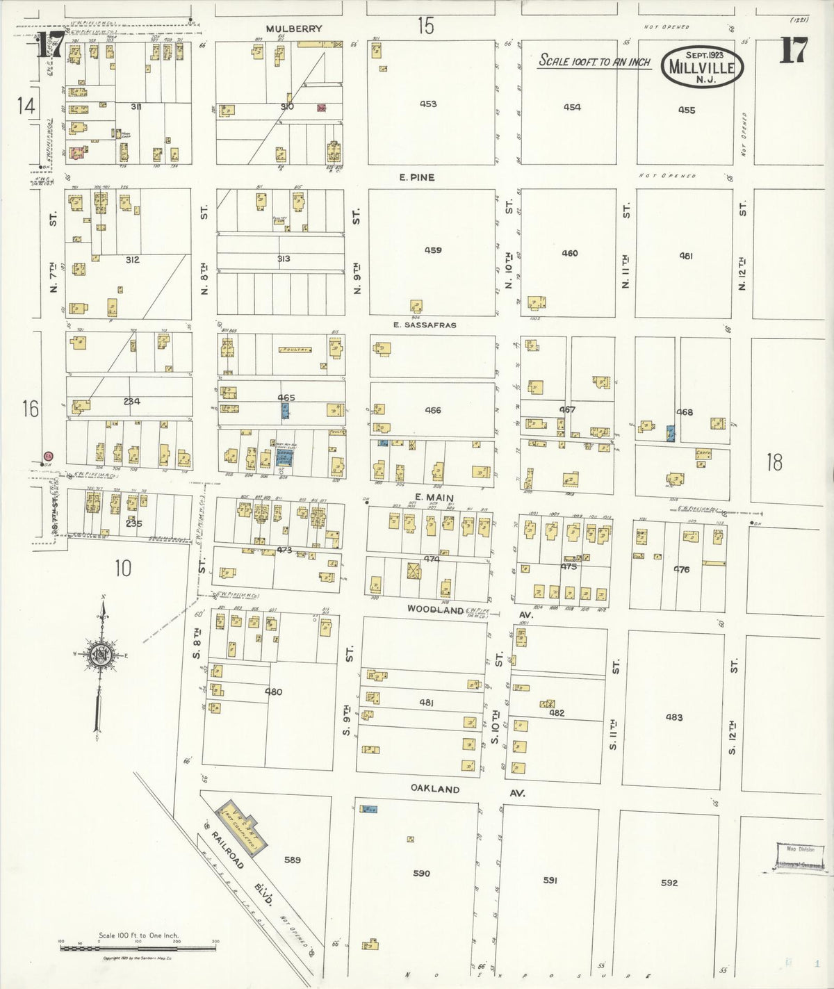 Sanborn Fire Insurance Map from Millville, Cumberland County, New Jersey (1923), Sheet #0017 - Historic Sanborn Fire Insurance Map Print, vintage old map wall art, antique decor, genealogy gift, New Jersey New Jersey map
