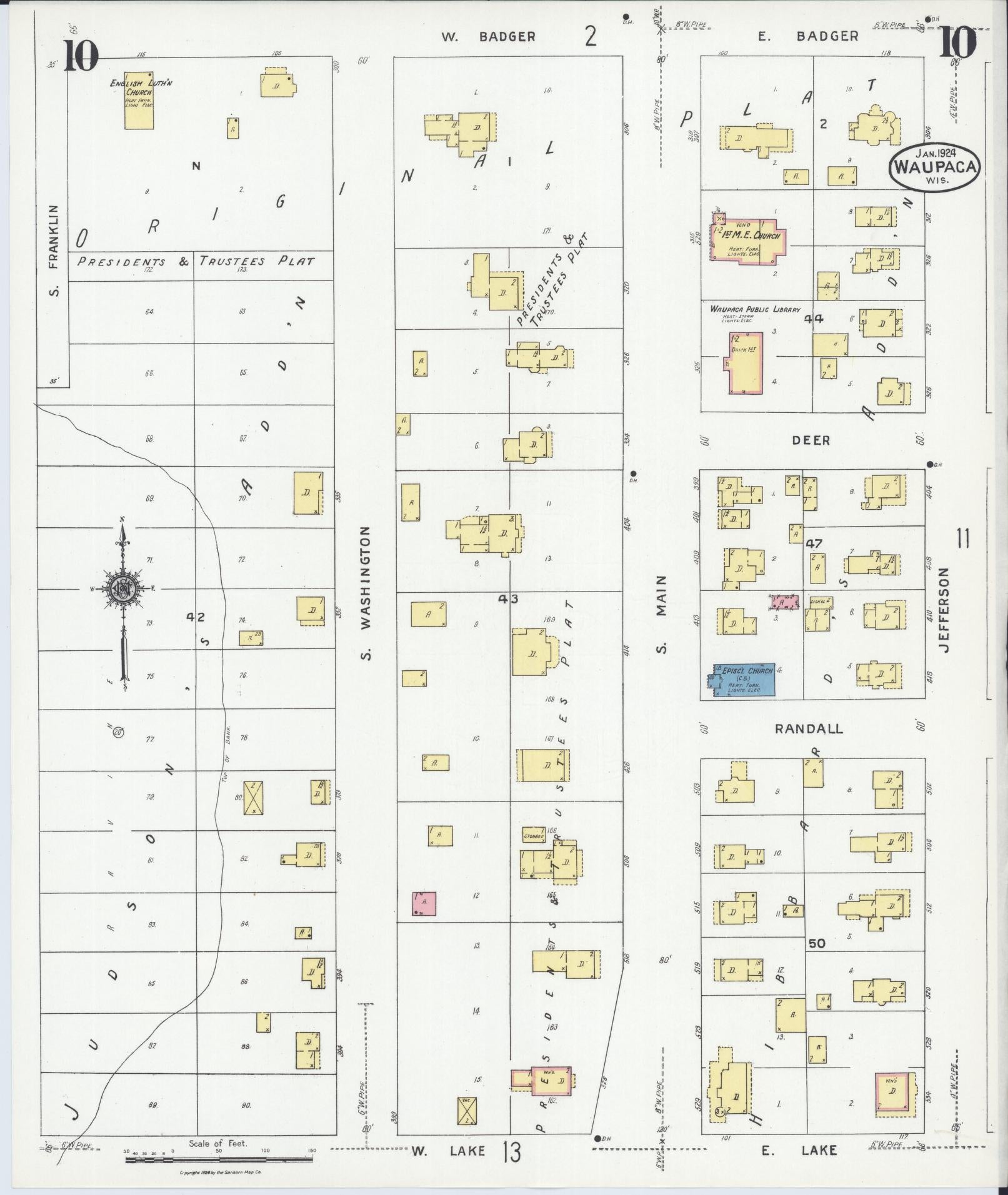 Sanborn Fire Insurance Map from Waupaca, Waupaca County, Wisconsin (1924), Sheet #0010 - Complete Map Set gallery image, historic Sanborn map, vintage wall art, Wisconsin Wisconsin