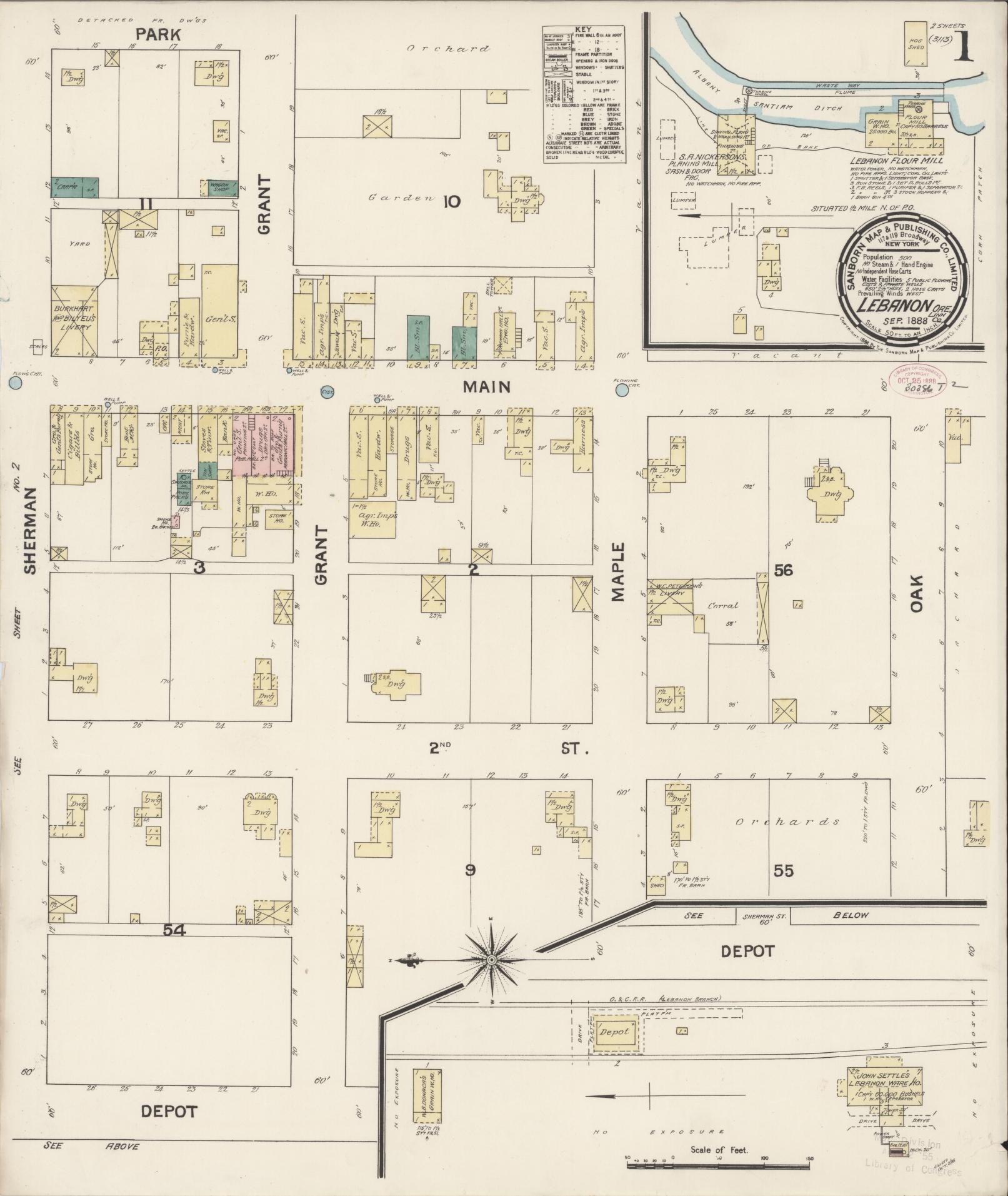 Sanborn Fire Insurance Map from Lebanon, Linn County, Oregon (1888), Sheet #0001 - Complete Map Set gallery image, historic Sanborn map, vintage wall art, Oregon Oregon