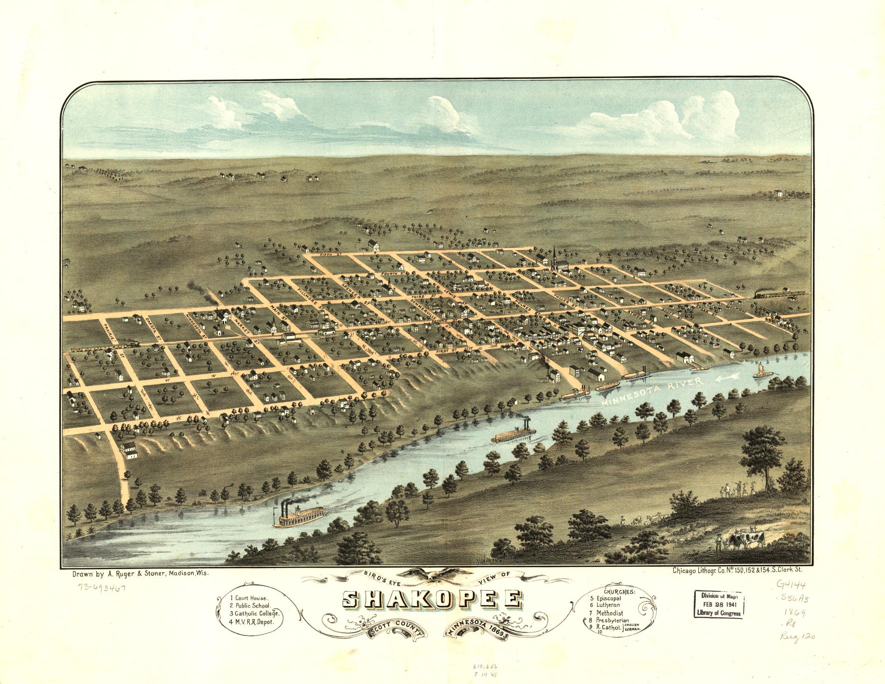 Bird's eye view of Shakopee, Scott County, Minnesota 1869. (1869) – Historic Bird’s-Eye View Panorama Print