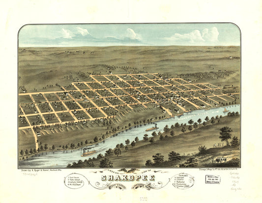 Bird's eye view of Shakopee, Scott County, Minnesota 1869. (1869) – Historic Bird’s-Eye View Panorama Print