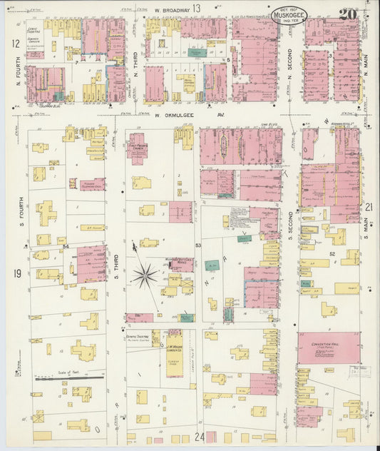 Sanborn Fire Insurance Map from Muskogee, Muskogee County, Oklahoma (1907), Sheet #0020 - Historic Sanborn Fire Insurance Map Print, vintage old map wall art, antique decor, genealogy gift, Oklahoma Oklahoma map