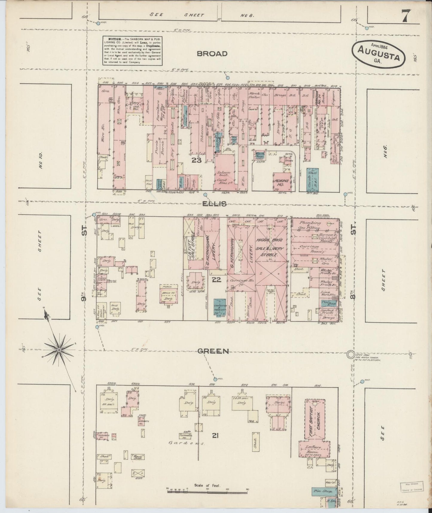 Sanborn Fire Insurance Map from Augusta, Richmond County, Georgia (1884), Sheet #0007 - Complete Map Set gallery image, historic Sanborn map, vintage wall art, Georgia Georgia
