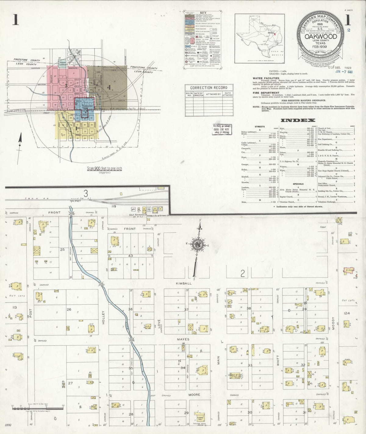 Sanborn Fire Insurance Map from Oakwood, Leon County, Texas (1939), Sheet #0001 - Complete Map Set gallery image, historic Sanborn map, vintage wall art, Texas Texas