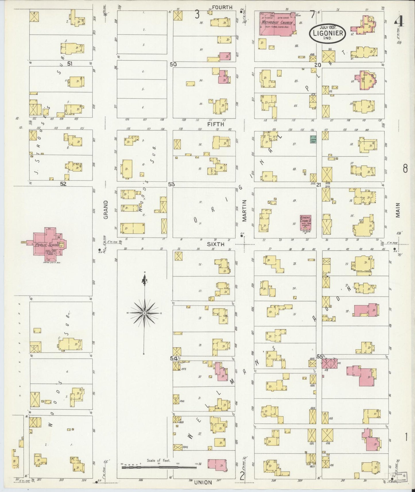 Sanborn Fire Insurance Map from Ligonier, Noble County, Indiana (1907), Sheet #0004 - Complete Map Set gallery image, historic Sanborn map, vintage wall art, Indiana Indiana