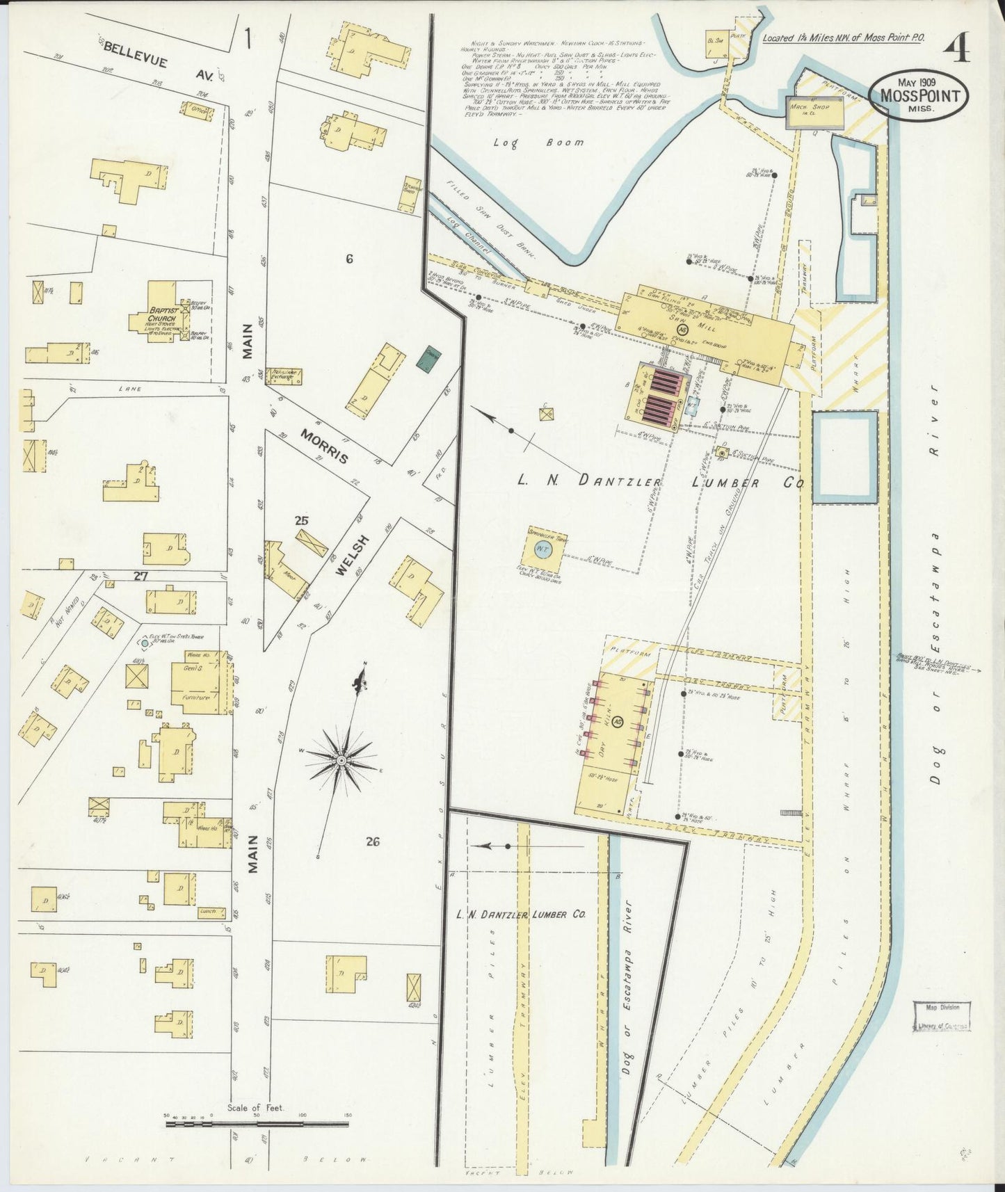 Sanborn Fire Insurance Map from Moss Point, Jackson County, Mississippi (1909), Sheet #0004 - Historic Sanborn Fire Insurance Map Print, vintage old map wall art, antique decor, genealogy gift, Mississippi Mississippi map