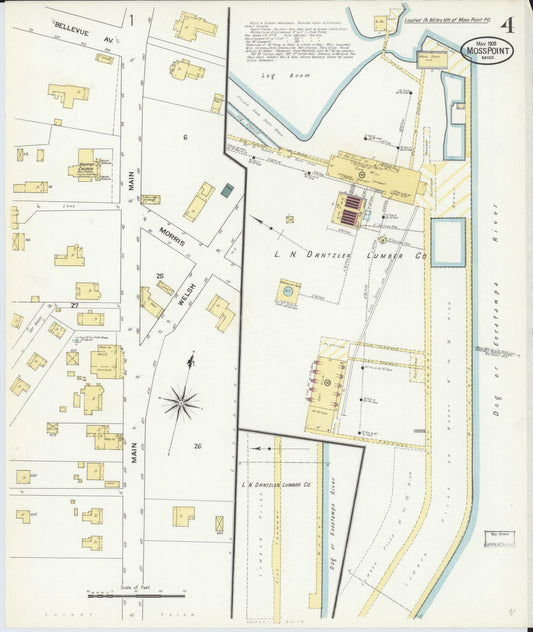 Sanborn Fire Insurance Map from Moss Point, Jackson County, Mississippi (1909), Sheet #0004 - Historic Sanborn Fire Insurance Map Print, vintage old map wall art, antique decor, genealogy gift, Mississippi Mississippi map