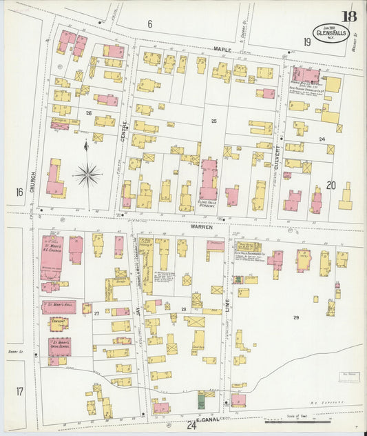Sanborn Fire Insurance Map from Glens Falls, Warren County, New York (1901), Sheet #0018 - Historic Sanborn Fire Insurance Map Print, vintage old map wall art, antique decor, genealogy gift, New York New York map