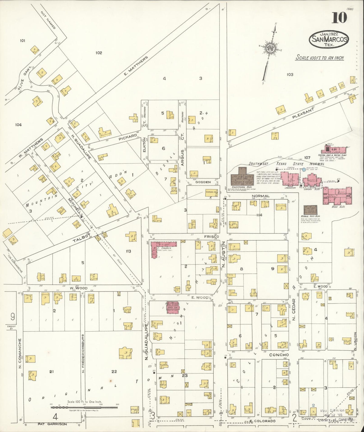 Sanborn Fire Insurance Map from San Marcos, Hays County, Texas (1922), Sheet #0010 - Complete Map Set gallery image, historic Sanborn map, vintage wall art, Texas Texas