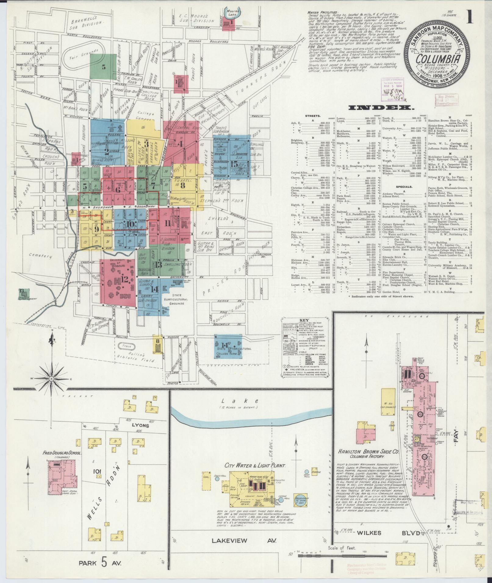 Sanborn Fire Insurance Map from Columbia, Boone County, Missouri (1908), Sheet #0001 - Historic Sanborn Fire Insurance Map Print, vintage old map wall art, antique decor, genealogy gift, Missouri Missouri map
