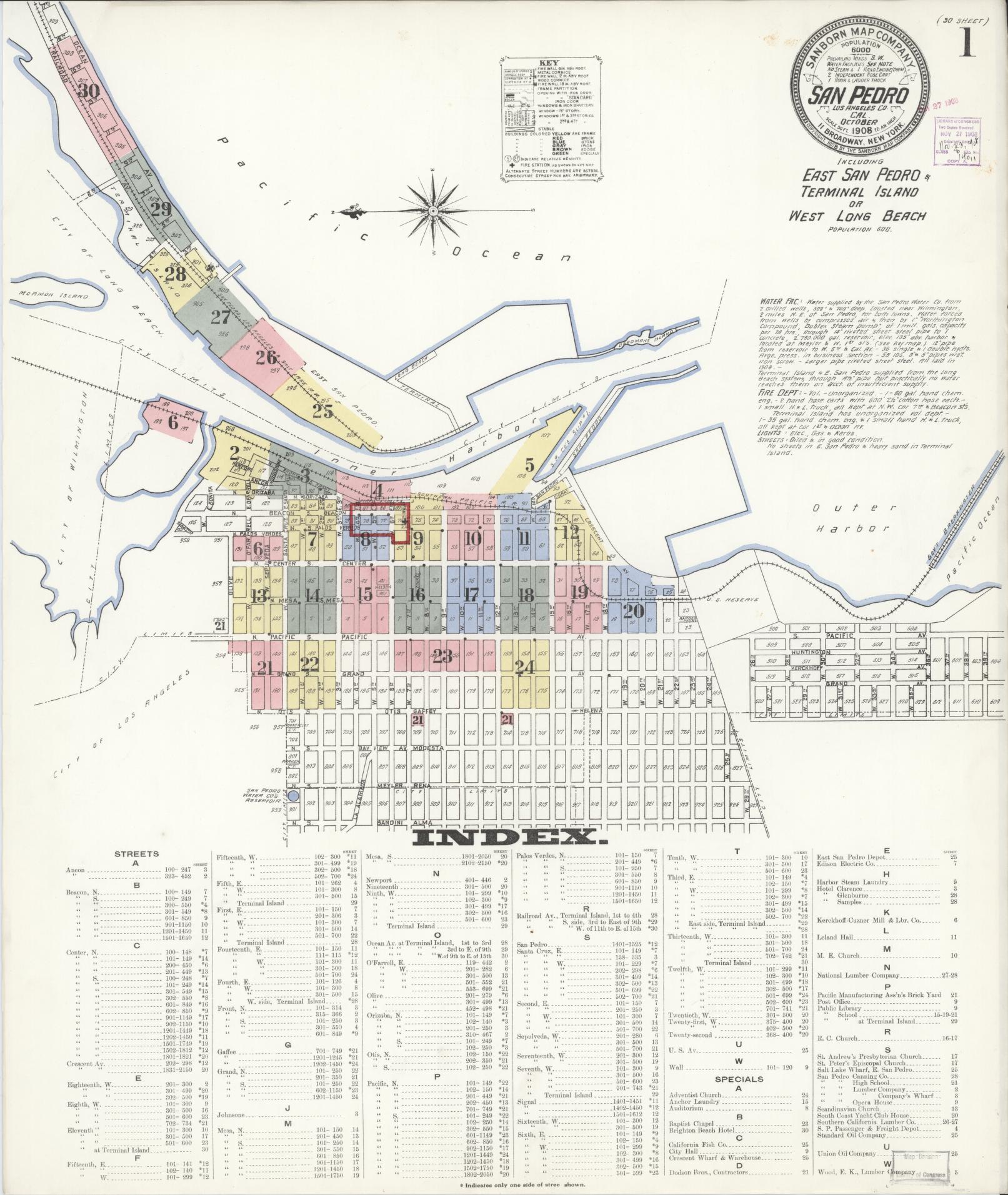 Sanborn Fire Insurance Map from San Pedro, Los Angeles County, California (1908), Sheet #0001 - Complete Map Set gallery image, historic Sanborn map, vintage wall art, California California