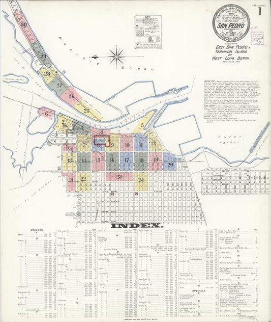 Sanborn Fire Insurance Map from San Pedro, Los Angeles County, California (1908), Sheet #0001 - Complete Map Set gallery image, historic Sanborn map, vintage wall art, California California