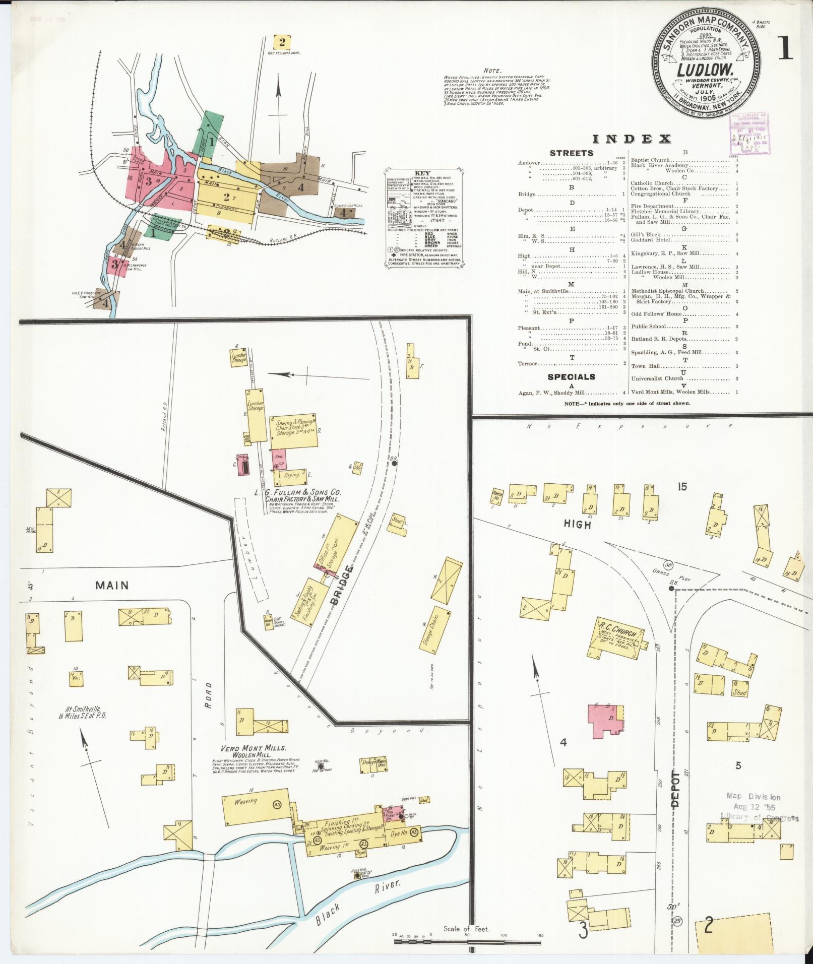 Sanborn Fire Insurance Map from Ludlow, Windsor County, Vermont (1905), Sheet #0001 - Complete Map Set gallery image, historic Sanborn map, vintage wall art, Vermont Vermont