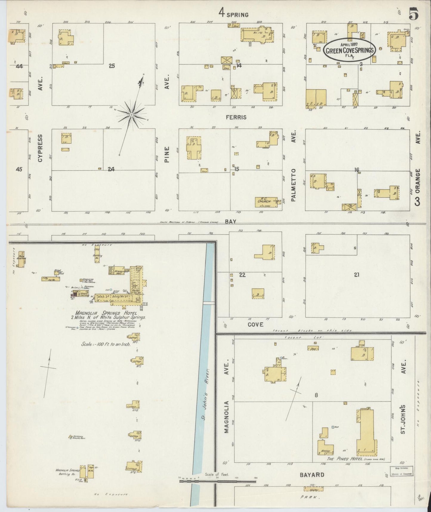 Sanborn Fire Insurance Map from Green Cove Springs, Clay County, Florida (1897), Sheet #0005 - Historic Sanborn Fire Insurance Map Print, vintage old map wall art, antique decor, genealogy gift, Florida Florida map