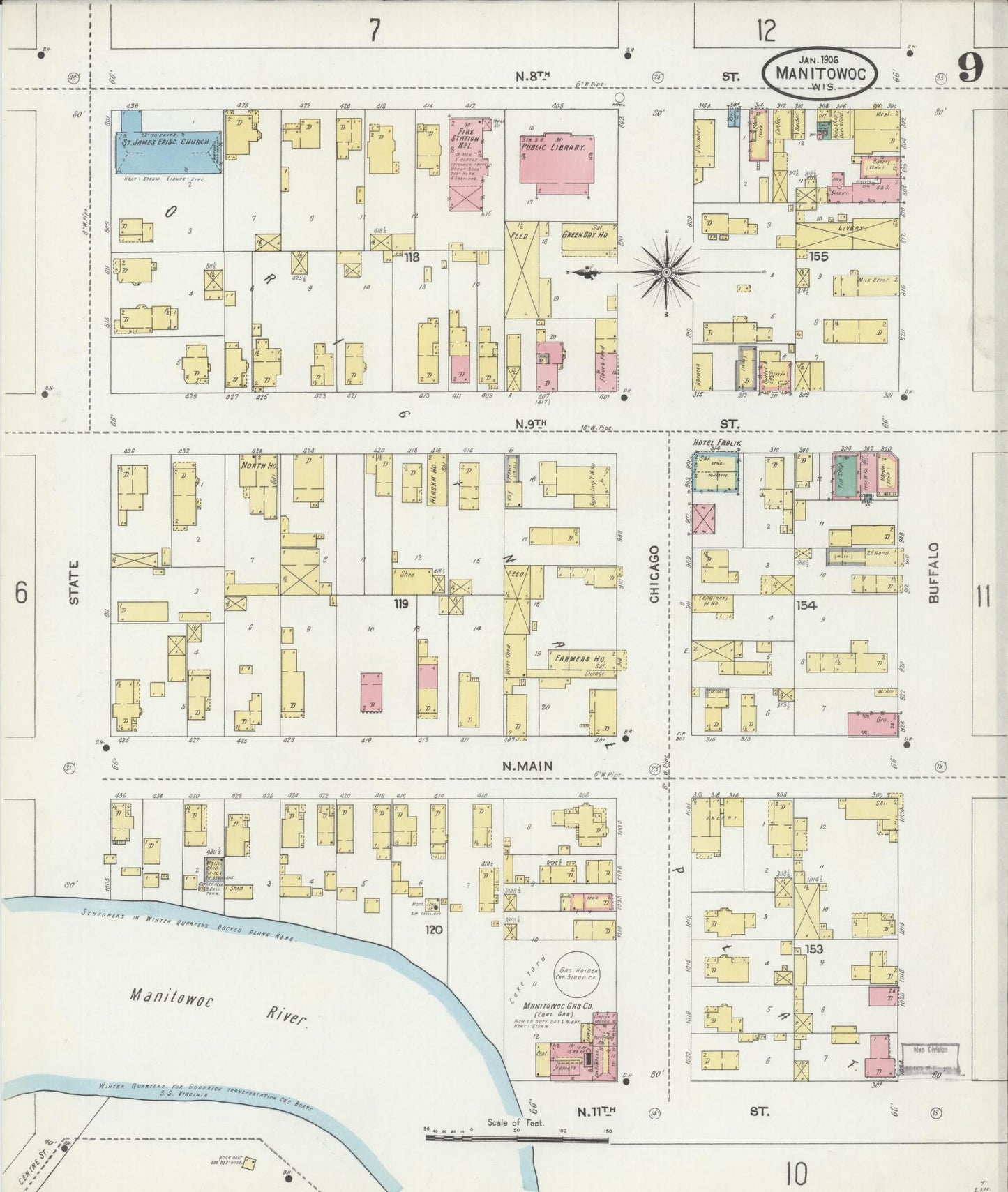 Sanborn Fire Insurance Map from Manitowoc, Manitowoc County, Wisconsin (1906), Sheet #0009 - Complete Map Set gallery image, historic Sanborn map, vintage wall art, Wisconsin Wisconsin