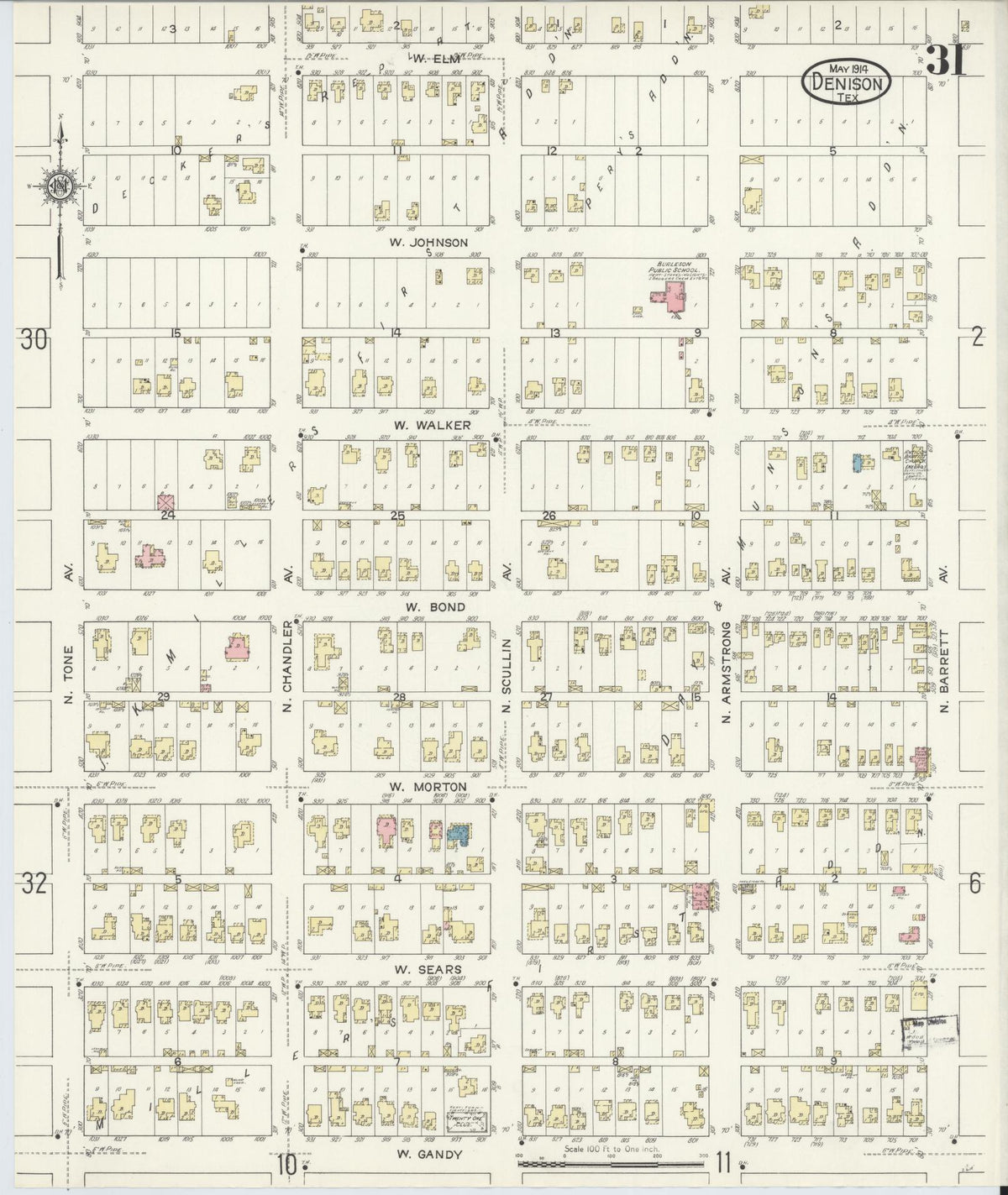 Sanborn Fire Insurance Map from Denison, Grayson County, Texas (1914), Sheet #0031 - Historic Sanborn Fire Insurance Map Print, vintage old map wall art, antique decor, genealogy gift, Texas Texas map