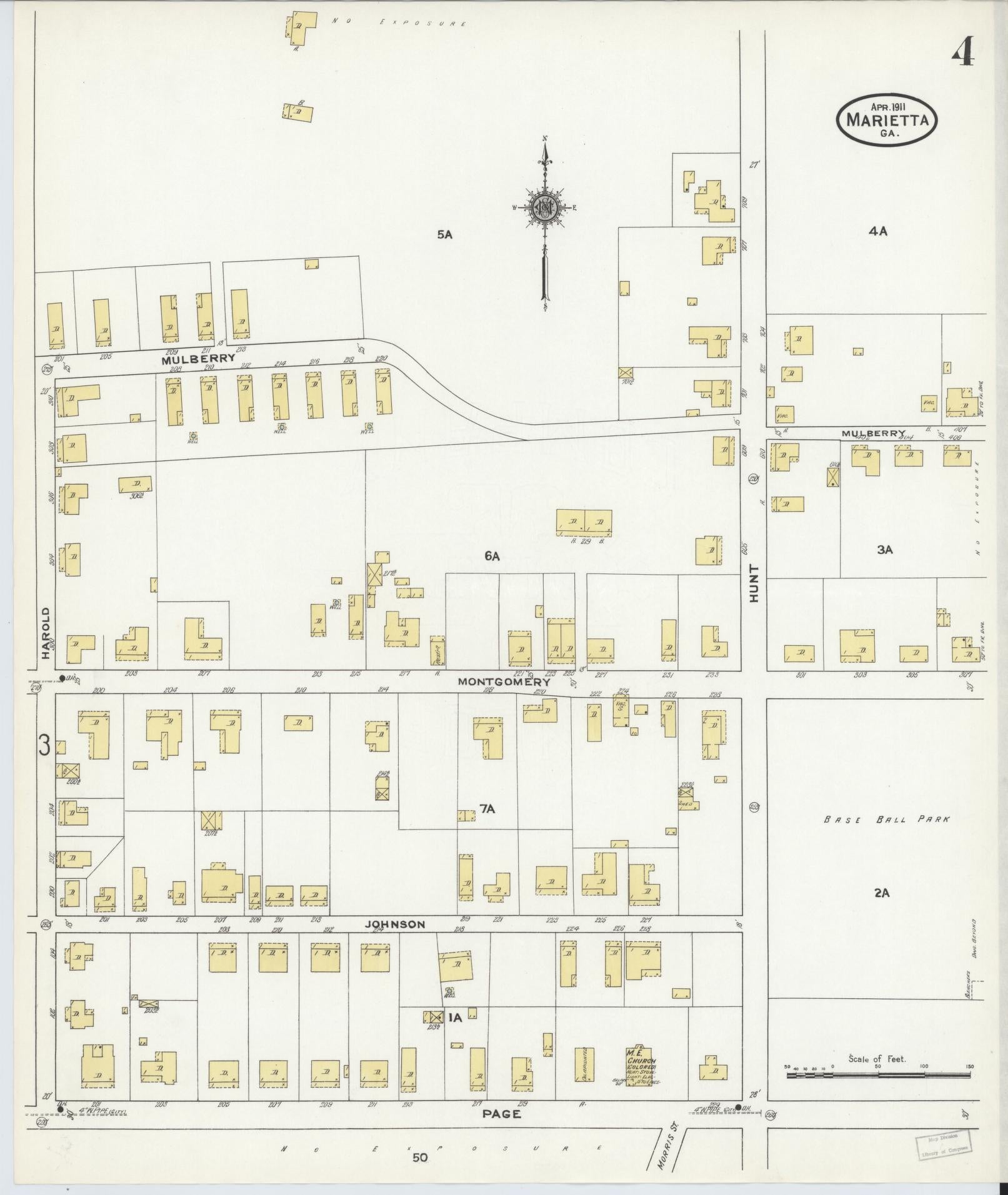 Sanborn Fire Insurance Map from Marietta, Cobb County, Georgia (1911), Sheet #0004 - Historic Sanborn Fire Insurance Map Print, vintage old map wall art, antique decor, genealogy gift, Georgia Georgia map