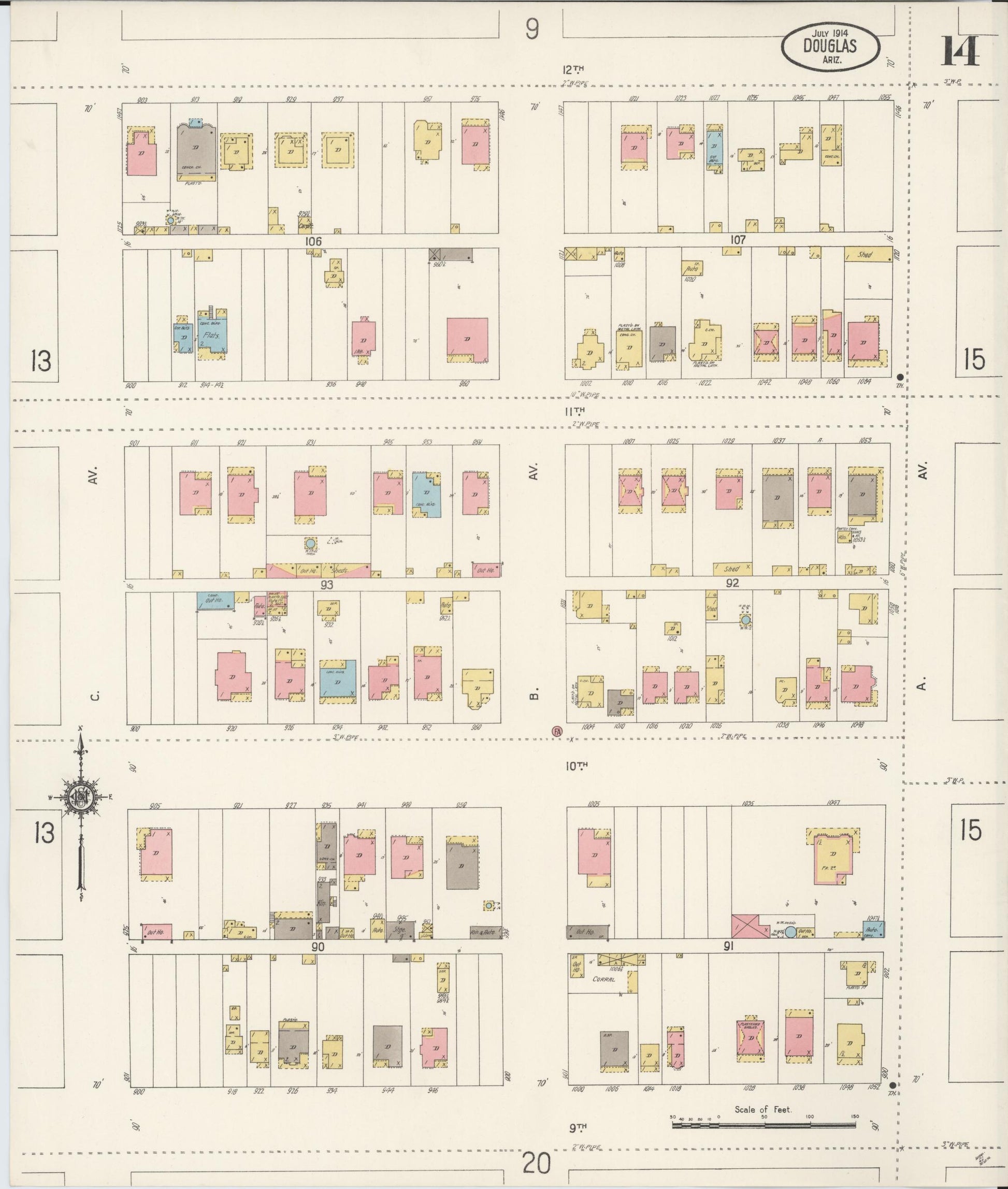 Sanborn Fire Insurance Map from Douglas, Cochise County, Arizona (1914), Sheet #0014 - Historic Sanborn Fire Insurance Map Print, vintage old map wall art, antique decor, genealogy gift, Arizona Arizona map