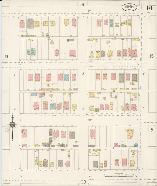 Sanborn Fire Insurance Map from Douglas, Cochise County, Arizona (1914), Sheet #0014 - Historic Sanborn Fire Insurance Map Print, vintage old map wall art, antique decor, genealogy gift, Arizona Arizona map