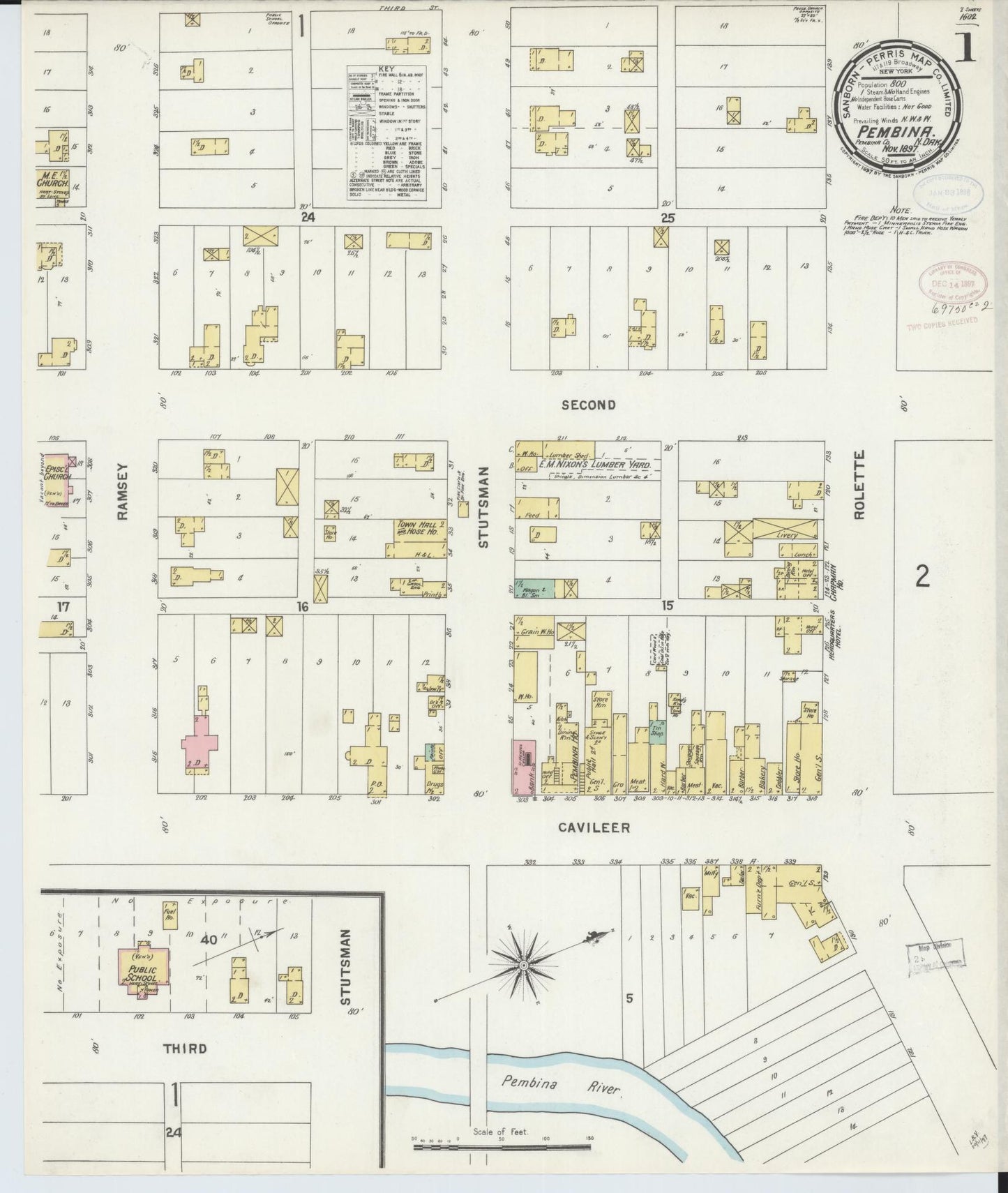 Sanborn Fire Insurance Map from Pembina, Pembina County, North Dakota (1897), Sheet #0001 - Historic Sanborn Fire Insurance Map Print, vintage old map wall art, antique decor, genealogy gift, North Dakota North Dakota map