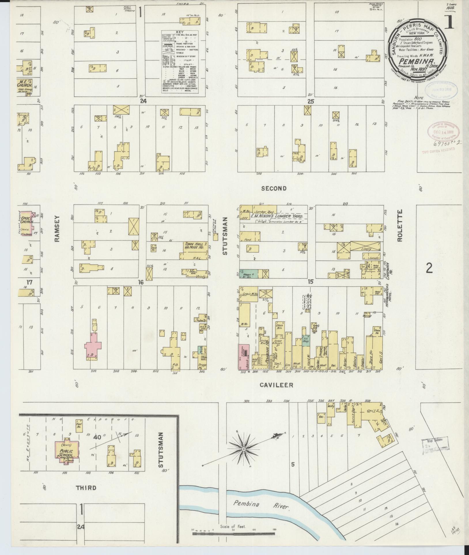 Sanborn Fire Insurance Map from Pembina, Pembina County, North Dakota (1897), Sheet #0001 - Historic Sanborn Fire Insurance Map Print, vintage old map wall art, antique decor, genealogy gift, North Dakota North Dakota map