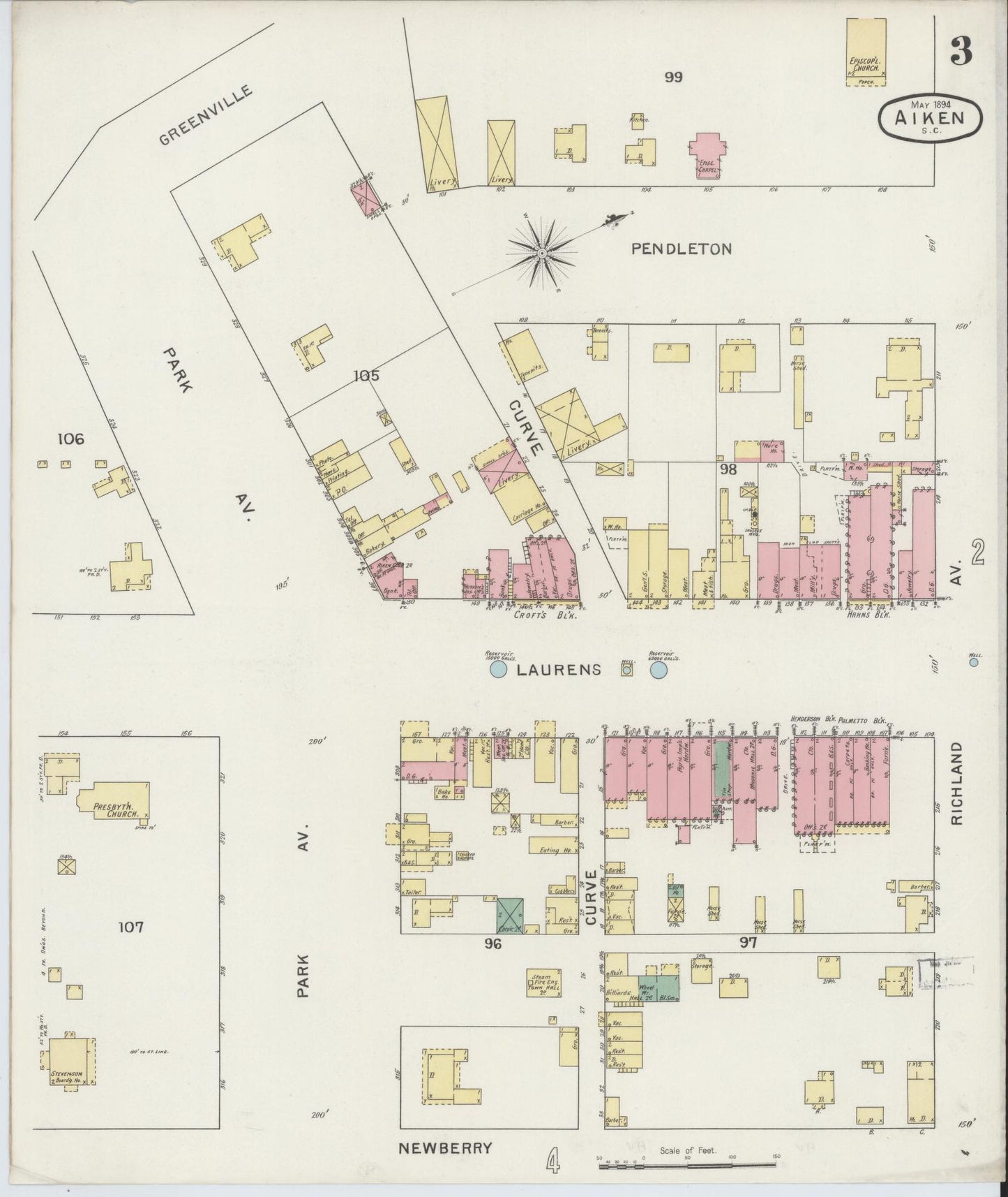 Sanborn Fire Insurance Map from Aiken, Aiken County, South Carolina (1894), Sheet #0003 - Complete Map Set gallery image, historic Sanborn map, vintage wall art, South Carolina South Carolina